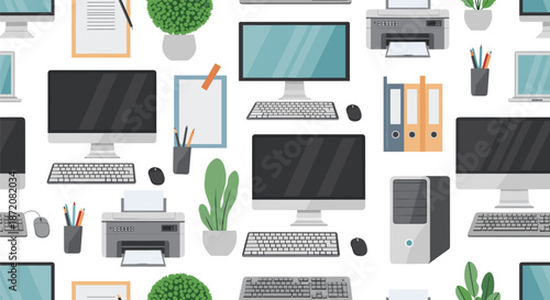 Seamless pattern featuring various office elements like computers, printers, files, and potted plants for professional workspace designs.