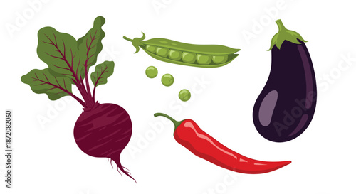 Assorted fresh vegetables including a beetroot, green pea pod, red chili pepper, and purple eggplant isolated on white background for cooking.