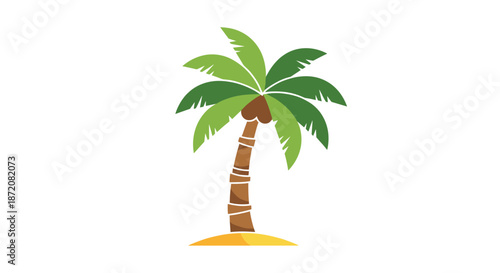 Tropical palm tree standing on a small sandy mound isolated on white background representing summer vacation and exotic travel destinations.