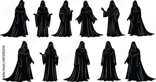 hooded, figure, silhouette, robe, cloak, mysterious, pose, gesture, black, white, icon, illustration, vector, design, symbol, fantasy, horror, cultist, monk, character