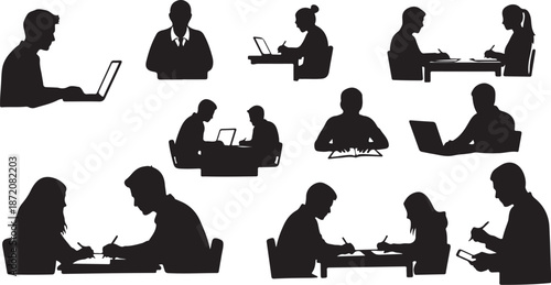 Silhouettes of people working on laptops and computers together