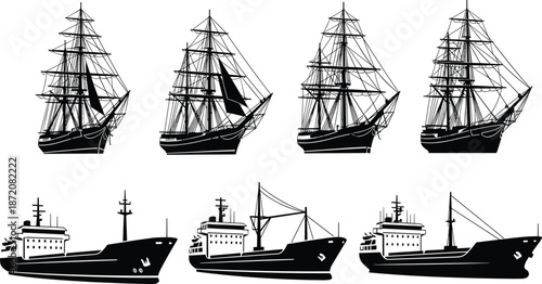 ship, silhouette, sailing, cargo, vessel, maritime, transport, ocean, black, white, icon, illustration, vector, design, symbol, nautical, historic, modern, hull, rigging