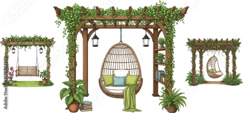 Cozy outdoor spaces with hanging chairs and swings surrounded by lush green plants