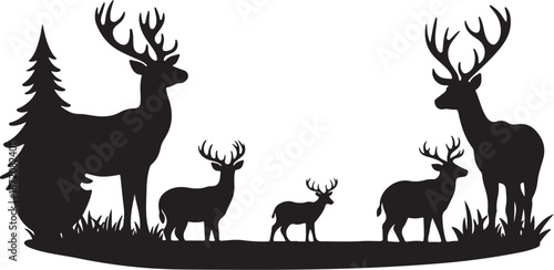 Deer Family Silhouette in Forest Landscape with Trees