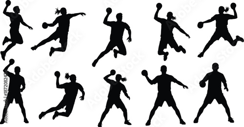 Handball player silhouettes, jumping throwing athletes poses, dynamic sport action set, black vector figures, team game motion collection clipart