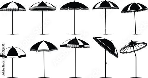 Beach umbrella silhouettes, parasol sunshade set, seaside summer accessories, tropical resort elements, black vector clipart collection, outdoor holiday decor