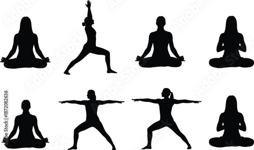 Yoga silhouettes, black meditation women set, wellness pose collection, peaceful mindfulness practice, healthy lifestyle illustration, spiritual fitness icons, vector clipart pack