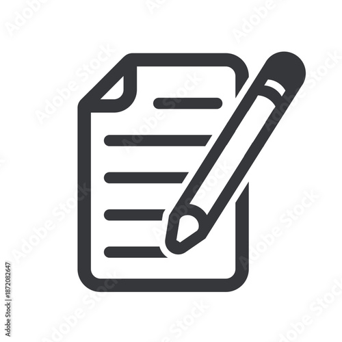 Isolated outline pictogram of paper and pencil icon, symbolizing stationery tools, education, school learning, writing, creativity, and academic study.