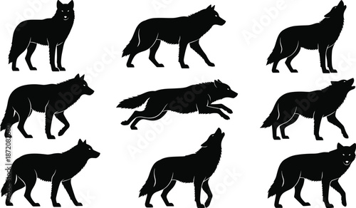 Wolf silhouettes, black wild canine set, forest predator poses, moon howling collection, nature wildlife illustration, wilderness animal icons, vector clipart pack