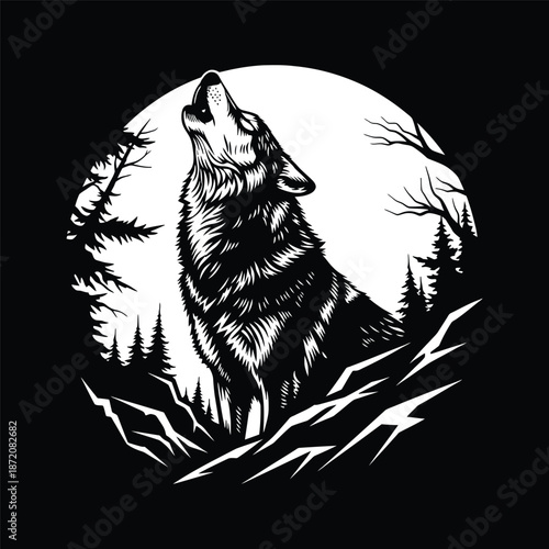 Majestic wolf howls at full moon in dark forest landscape