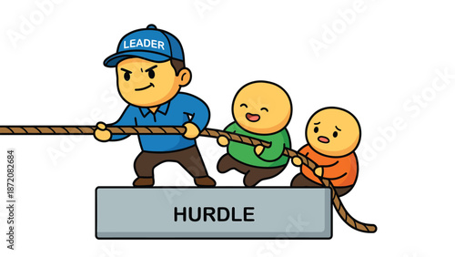 Leadership and Teamwork Overcoming Hurdle Illustration: Determined leader guides team pulling rope against challenge.