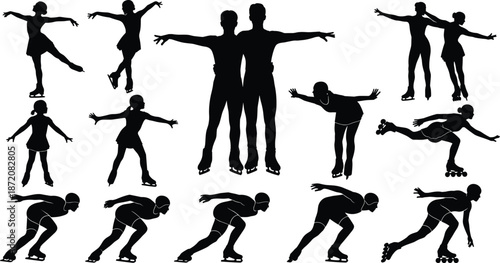 Figure skating silhouettes, black ice skater set, roller skating action poses, winter sport collection, graceful dance illustration, athlete lifestyle icons, vector clipart pack