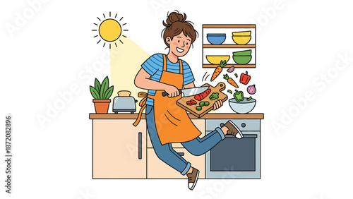 Dynamic cooking: Happy woman chopping fresh vegetables in a sunny kitchen, preparing a healthy meal with joy.