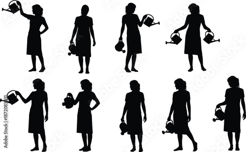 Woman gardener silhouettes, black female set, watering can poses, garden work collection, plant care illustration, home gardening icons, vector clipart pack