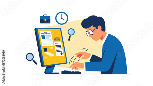 Professional Man Typing on Computer for Online Work and Data Entry. Digital Productivity, Research & Business Task Illustration.