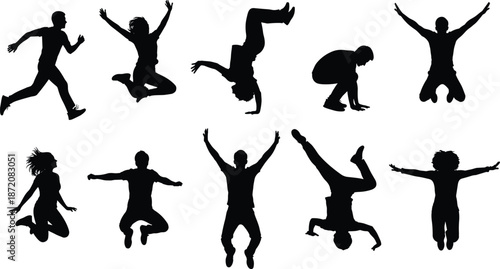 Jumping people silhouettes, happy youth set, energetic motion poses, celebration action collection, fitness lifestyle illustration, active human icons, vector clipart pack