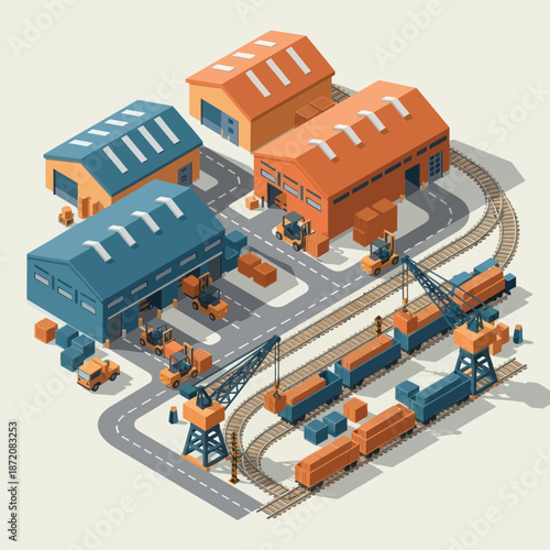 Isometric Factory Buildings with Railway Tracks.