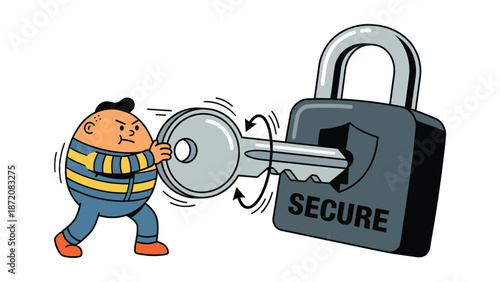 Cartoon character turning large key in secure padlock, symbolizing security, access, or problem-solving effort