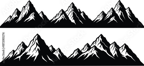 Mountain silhouettes, black mountain range, alpine landscape collection, rocky peaks illustration, wilderness scenery pack, nature design elements, vector clipart set