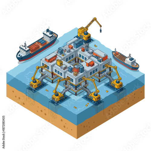 Isometric Oil Rig Platform with Cranes and Ships.