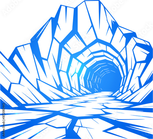 Explore the cool blue ice cave, adventure awaits in a frozen landscape backdrop