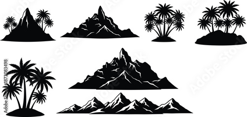 Tropical island and mountain silhouettes set with palm trees landscape elements isolated on white background vector illustration collection design
