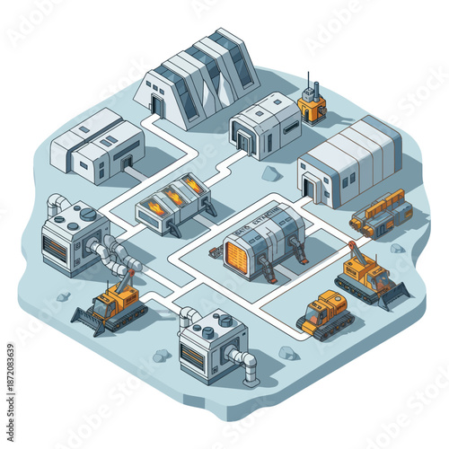 Isometric Factory Layout with Machines and Buildings.