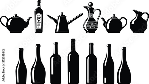 Teapot and bottle silhouettes set, kitchen drinkware containers collection isolated on white background vector illustration design for beverage packaging concepts