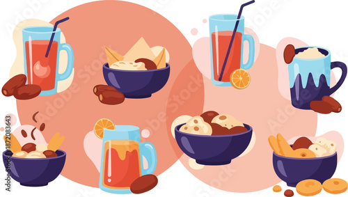 Ramadan Iftar Food and Drinks Set with Dates, Fruit Soup, Samosas, Spring Rolls, and Refreshing Beverages, Islamic Fasting Breaking Meal Elements in Flat Vector Style