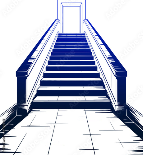 Modern blue stairway leading to an open door invites upward movement and progression