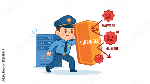 Firewall Security Officer Protecting Server from Malware. Cybersecurity Concept with Cartoon Character Defending Data.