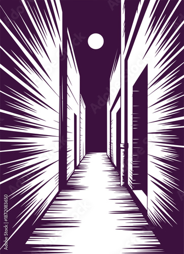 Eerie alleyway illustration with intense speed lines and a full moon shining above