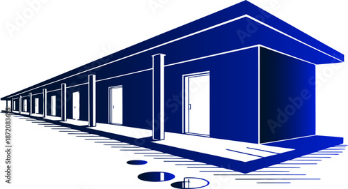 Modern blue motel architecture design for travel destination marketing and promo use