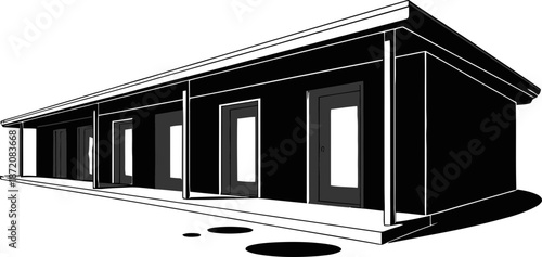 Stylish modern black and white minimalist building design with multiple doorways