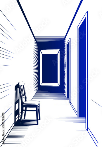 Intriguing hallway with a lone chair invites quiet contemplation and creative thought