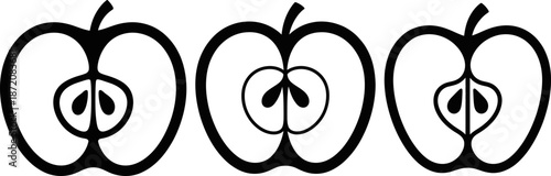 Three apple halves show different stages of cut with seeds, a unique food icon