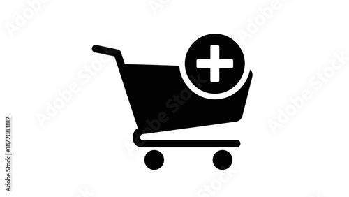Shopping cart icon with plus symbol on a white background