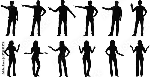 Pointing people silhouettes set, men and women gesture poses collection isolated on white background vector illustration design for communication concepts