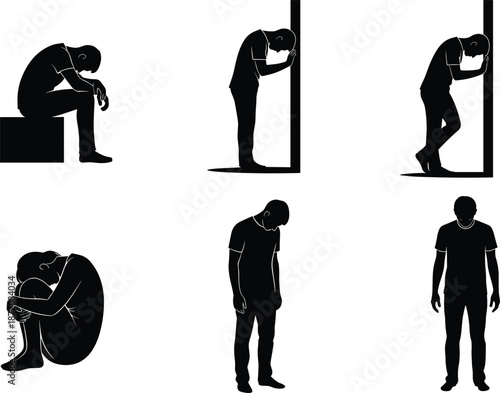 Depressed man silhouettes set, sad male body language poses collection isolated on white background vector illustration design for mental health concepts
