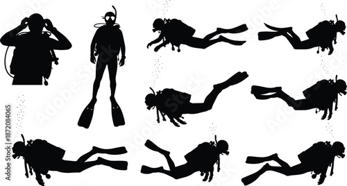 Scuba diver silhouettes set, underwater diving poses collection isolated on white background vector illustration design for marine adventure concepts