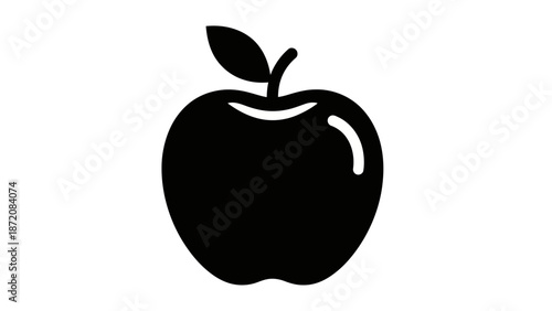 A black apple graphic illustration on a white background from a front viewpoint
