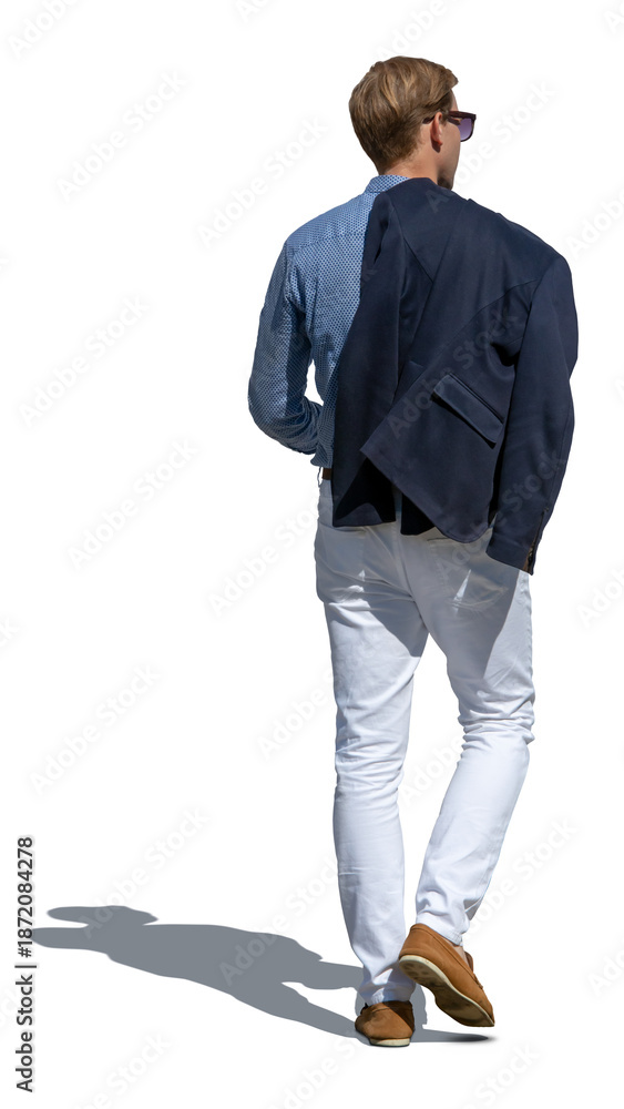 Fototapeta premium Stylish and wealthy young man walking with a blazer over his shoulder, isolated on white and transparent background