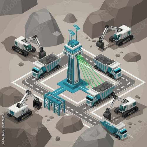 Futuristic Oil Refinery with Trucks and Equipment.