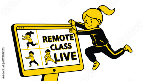 Cartoon girl exercising with online remote fitness class for kids on computer screen. Live virtual workout and education.