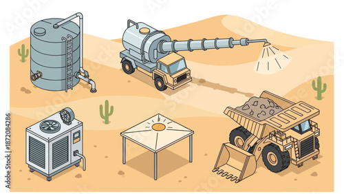 Heavy Machinery Equipment in Desert Landscape.
