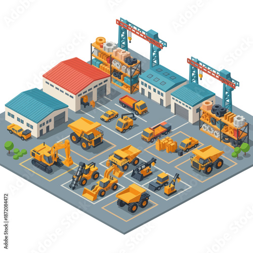 Industrial Factory with Heavy Machinery and Vehicles.