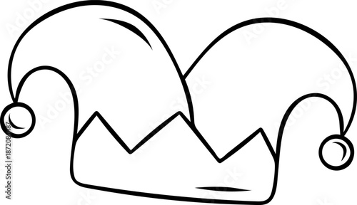 Hand-drawn sketch of a carnival jester's cap. Simple black and white icon in doodle style for Mardi Gras or entertainment design