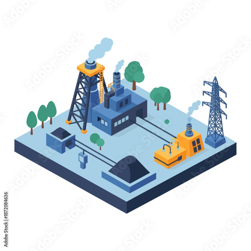 Isometric Industrial Factory with Machinery and Equipment.