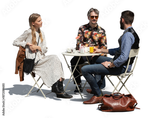 Bild auf Leinwand Group of friends sitting in an outdoor restaurant and talking, isolated on white