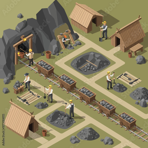 Isometric Illustration of Mining Operation Scene.